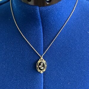 1928 Gold Necklace with Black and Pink Floral Pendant